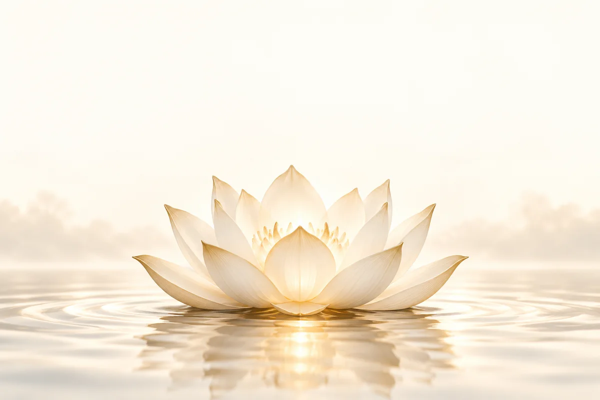 Lichtgevende lotus op rustig water bij het liefdevolle Bronbewustzijn van Umoja World.