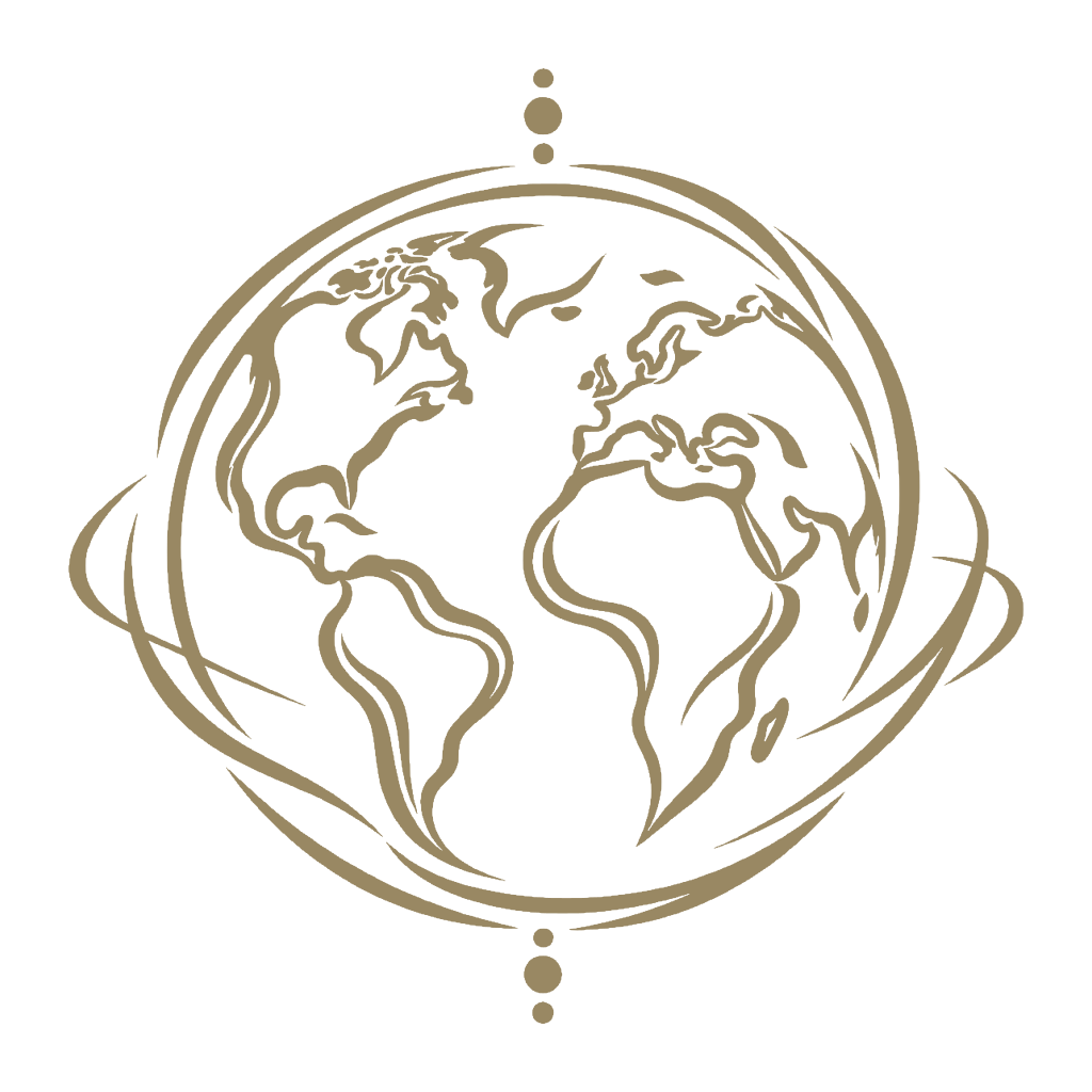 Gouden wereldbol met sierlijke banen en stippen, symbool voor wereldwijde verbinding.